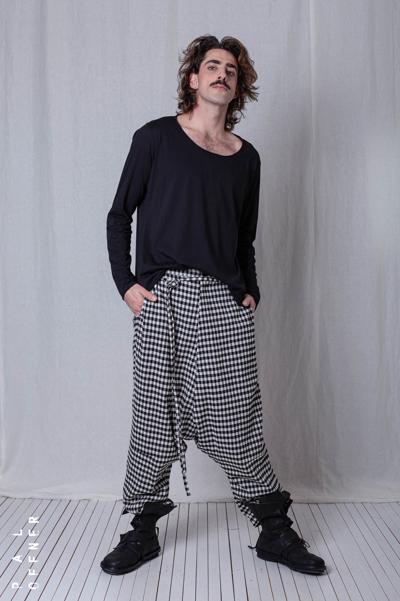 Wide Trousers_Checked Cotton Mix